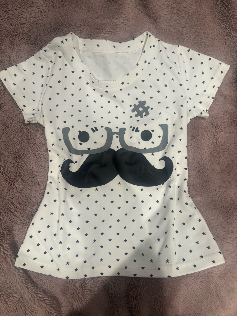 y2k white baby tee with mustache and glasses graphic